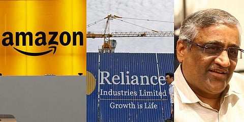 (From left) Logos of Amazon and Reliance and Future Group CEO Kishore Biyani (File photo| PTI)