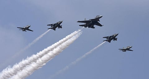 Indian Air Force's SU-30 aircraft in lead with two Jaguar and two Hawk aircrafts fly in a formation over Yelahanka air base during Aero India. (Photo | Vinod Kumar T, EPS)