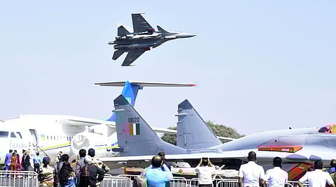 An IAF Sukhoi SU-30MKI wows the crowd with its aerobatics at Aero India 2021 in Bengaluru. (Photo | Vinod Kumar T, EPS)