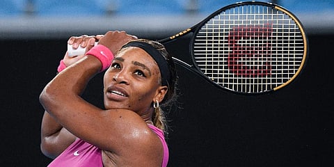 Serena Williams makes a backhand return to compatriot Danielle Collins during a tuneup event ahead of the Australian Open tennis championships in Melbourne. (Photo | AP)