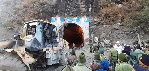 NDRF and others during rescue operations for the people who are stranded in the tunnel near the Tapovan Dam in Chamoli. (Photo | Shekhar Yadav/EPS)