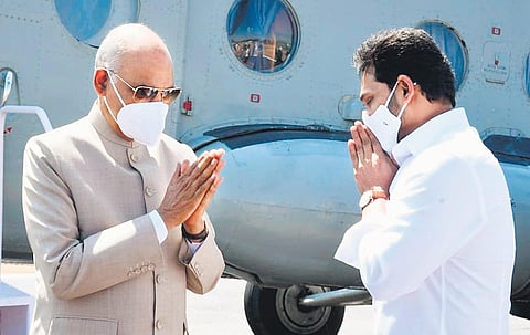 Chief Minster Jagan Mohan Reddy greets President Ram Nath Kovind at Madanapalle in Chittoor district on Sunday I Express