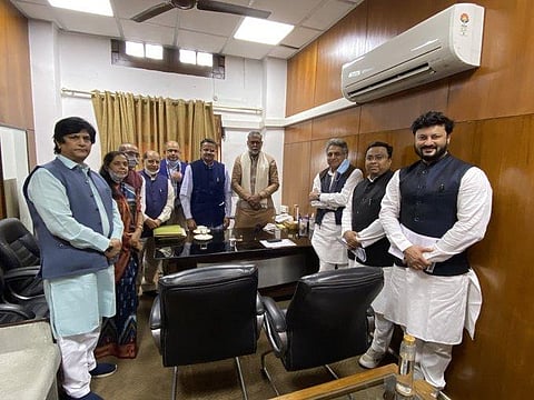 The delegations of BJP and BJD leaders meeting with Union Culture Minister Prahlad Singh Patel. (Photo | Twitter)