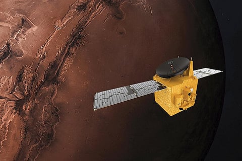 This June 1, 2020 illustration provided by Mohammed Bin Rashid Space Centre depicts the United Arab Emirates' Hope Mars probe. (Photo | AP)