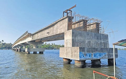 Chathanad Kadamakudy bridge in Valiya Kadamakudy ward is still only half-way done