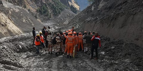 Rescue operations underway near the damaged Dhauliganga hydropower project after a glacier broke off in Joshimath causing a massive flood in Chamoli of Uttarakhand. (Photo | Shekhar Yadav, EPS)