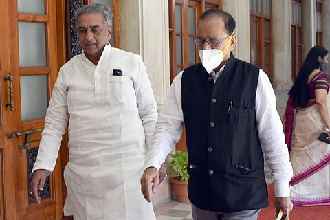 BJP and JDS Council Chairman Candidate Basavaraj Horatti (left) leaves Vidhana Soudha after submitting his nomination papers. (Photo | Nagaraja Gadekal, EPS)