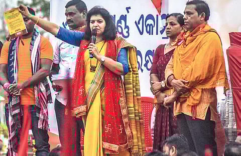 Aparajita Sarangi addressing a public meeting near Lingaraj temple | Express