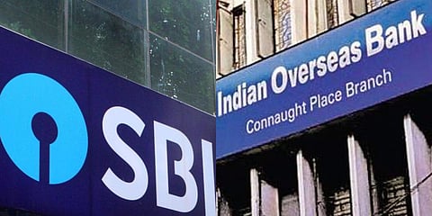 Logos of SBI (L) and Indian Overseas Bank. (File photo| PTI)