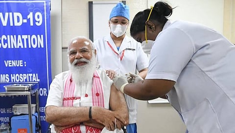 PM Modi taking the made-in-India COVAXIN jab on Monday. (Photo | Twitter)