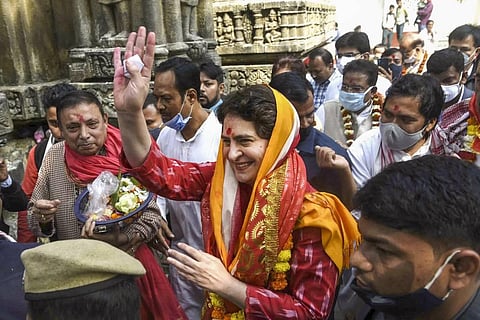 AICC General Secretary Priyanka Gandhi Vadra at Kamakhya Temple during her visit to Assam ahead of state assembly polls in Guwahati. (Photo | PTI)