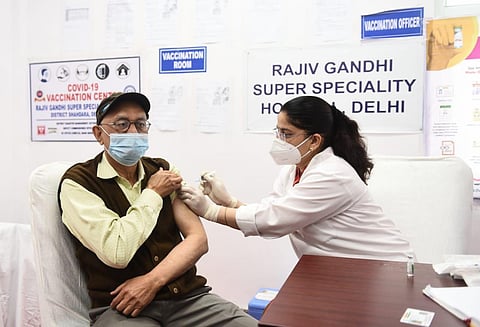 An elderly person being administered the COVID-19 vaccine during a countrywide inoculation drive at the Rajiv Gandhi Super Speciality hospital in New Delhi. (Photo | Parveen Negi, EPS)
