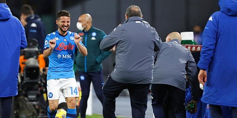 Dries Mertens celebrates after scoring the first goal of the game during the Italian Serie A match between Napoli and Benevento. (Photo | AP)