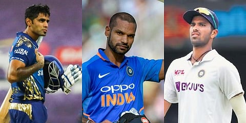 From L to R: Cricketers Suryakumar Yadav, Shikhar Dhawan, Washington Sundar (Photos | Twitter, PTI)