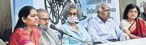 G N Saibaba’s wife Vasantha, activists and opposition leaders address the media in New Delhi on Wednesday | Parveen Negi