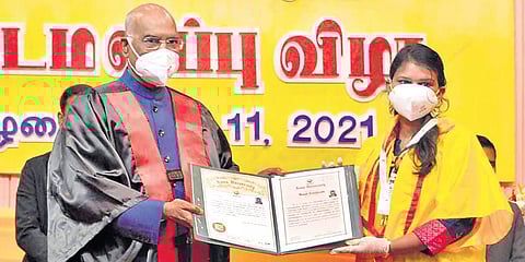 President Ram Nath Kovind gives away the certificate to a graduate in Anna University in Chennai on Thursday | Express