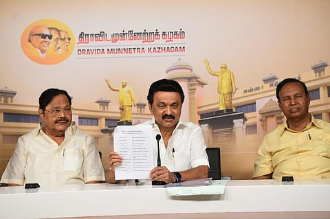 DMK president MK Stalin releases the list of candidates for the upcoming Assembly elections at the party headquarters Anna Arivalayam in Chennai on Friday (Express Photo | Jawahar)