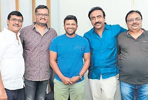 Puneeth Rajkumar with director Dinakar Thoogudeepa and producers Jayanna and Bhogendra.