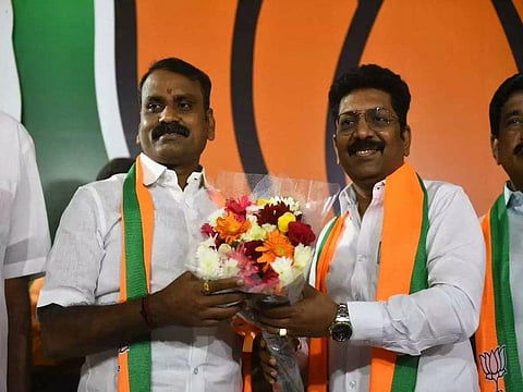 DMK MLA P Sarvanan (right) joins BJP in Chennai (Photo | Twitter)