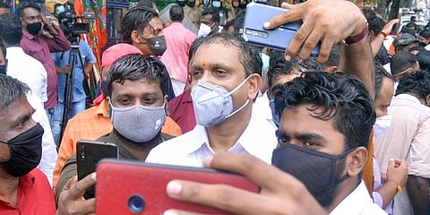 BJP Kerala state president K Surendran with party supporters. (Photo | Vincent Pulickal, EPS)