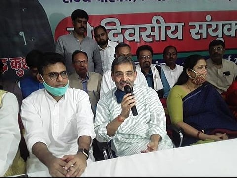 RLSP Kushwaha addressing a press meet in Patna on Sunday (Photo | Express)
