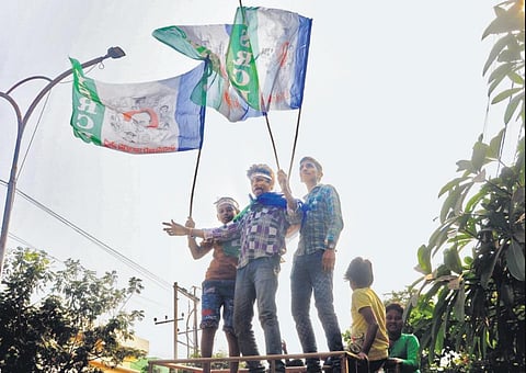 YSRCP activists celebrate party’s victory in the municipal corporation elections in Visakhapatnam on Sunday. (Photo | I G Satyanarayana, EPS)
