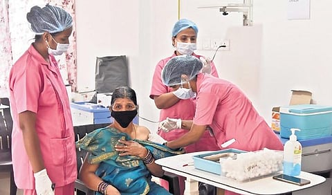 A senior citizen gets vaccinated at a private hospital in Hyderabad | VINAY MADAPU