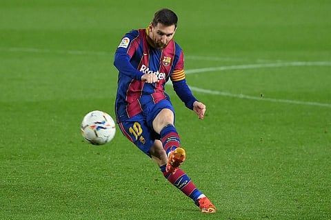 Barcelona's Argentinian forward Lionel Messi kicks the ball during the Spanish League football match between Barcelona and SD Huesca. (Photo | AFP)