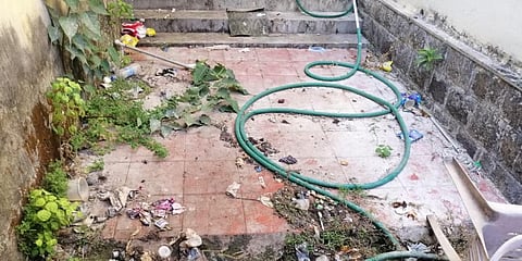 The premises of Mattancherry Town Hall Covid centre has not been cleaned for a long time. (Photos by special arrangement)