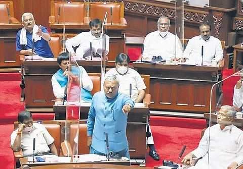 Minister for Cooperation S T Somashekar speaks at the Legislative Council at Vidhana Soudha in Bengaluru on Tuesday | Express