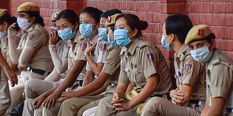 Women personnel of Delhi Police wearing face masks. (File Photo | EPS)