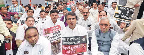 Delhi Congress chief Anil Chaudhary and other party activists protest against the GNCT Bill and the AAP government in New Delhi on Wednesday | Shekhar Yadav