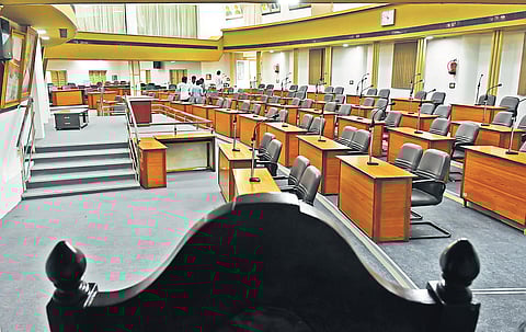 Arrangements are going on in Vijayawada Municipal Corporation council hall on Wednesday ahead of the election of mayor and deputy mayor I Prasant Madugula