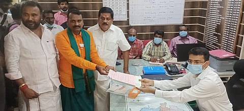 BJP state president L Murugan filing his nomination (Photo | Special arrangement)