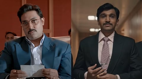 Abhishek Bachchan in 'The Big Bull' trailer and Pratik Gandhi in the trailer of 'Scam 1992'. (Photo | YouTube Screengrab)