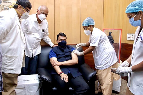Maharashtra BJP leader Devendra Fadnavis taking his first dose of the COVID19 vaccine at JJ Hospital, Mumbai. (Photo | Twitter)