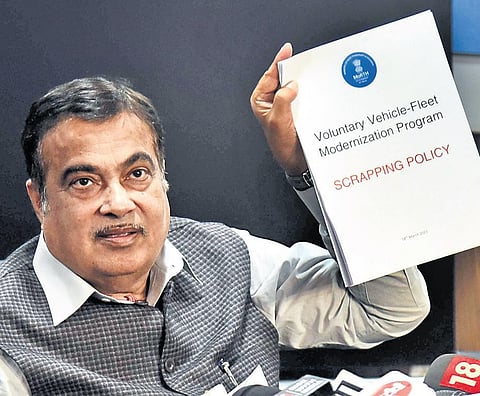 Union Transport Minister Nitin Gadkari announces the highly awaited Vehicle Scrapping Policy (Photo | Parveen Negi)