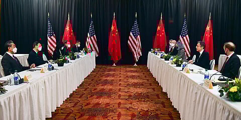 US Secretary of State Antony Blinken speaks to Chinese Communist Party officials at the opening session of US-China talks in Anchorage. (Photo| AP)