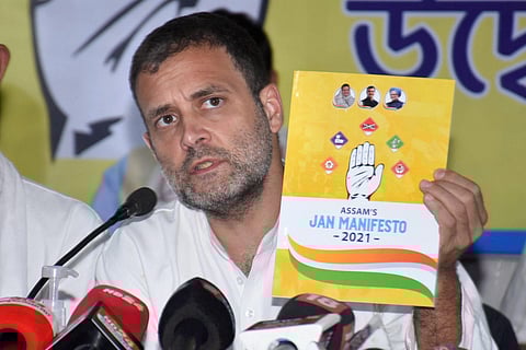 Congress leader Rahul Gandhi releases party's manifesto for the upcoming Assam Assembly Elections. (Photo| PTI)