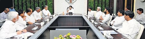 Chief Minister YS Jagan Mohan Reddy holds a review meeting on Tirupati by-election at his camp office in Tadepalli on Friday I Express