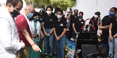 Deputy CM Manish Sisodia visits an exhibition during the launch of the Education Mentoring Programme at the IGDTUW campus. (Photo| Parveen Negi, EPS)