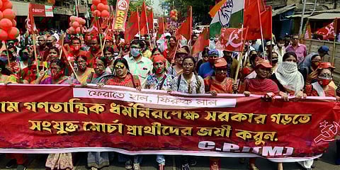 CPM members conduct a rally in Kolkata on Saturday ahead of Assembly elections. (Photo| ANI)