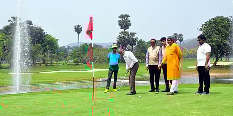 Indian Golf Union president Lt Gen D Anbu (Retd) tees off at the East Point Golf Club in Visakhapatnam. (Photo| G Satyanarayana, EPS)