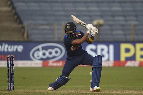 India's KL Rahul plays a shot during the first one-day international (ODI) cricket match between India and England at the Maharashtra Cricket Association Stadium in Pune. (photo | AFP)