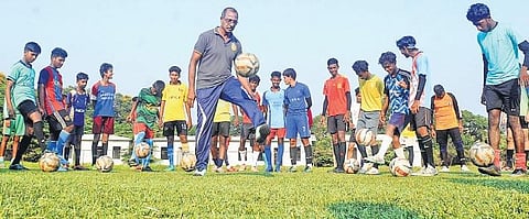 P P Thobias during a training session with Bolgatty FC at the Ambedkar Stadium. The unavailability of quality venues is causing a hindrance in making sessions more regular | A Sanesh