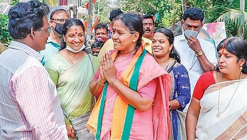 NDA candidate Sobha Surendran interacts with a voter in Kazhakoottam on Tuesday | Express