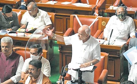 Chief Minister B S Yediyurappa speaks at the Assembly in Bengaluru on Wednesday