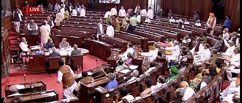 Congress MPs walk out amid voting on the Government of National Capital Territory of Delhi (Amendment) Bill at Rajya Sabha. (Photo | YouTube Screengrab)