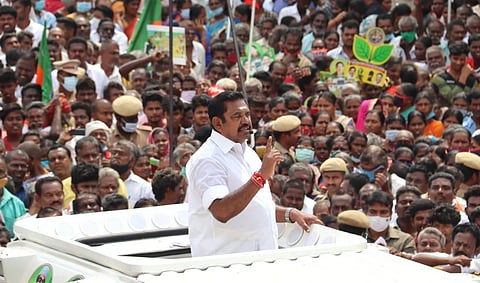 TN Chief Minister Edapadi K Palaniswami addresses a huge crowd as part of his election campaigning for his party candidate, Gopalakrishnan at Othakadai in Madurai on Thursday. (Photo | KK Sundar, EPS)