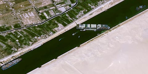 This satellite image from Cnes2021, Distribution Airbus DS, shows the cargo ship MV Ever Given stuck in the Suez Canal near Suez, Egypt. (Photo | AP)
